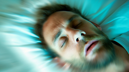 Nahaufnahme eines Mannes, der auf einem Kissen schläft, die Augen geschlossen und den Mund leicht geöffnet. Das Bild hat eine verschwommene, traumartige Wirkung, die von seinem Gesicht ausgeht, mit blauen und grünen Tönen.